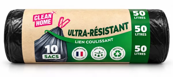 10 SACS POUBELLES NOIRS 50L POIGNEE COULISSANTE 24�