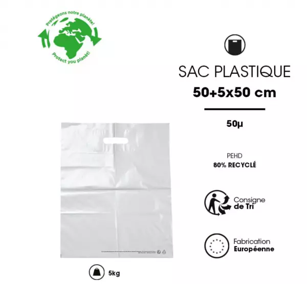100 Sacs PDR Blanc 50x50+5 PCR80% PEBD 50�