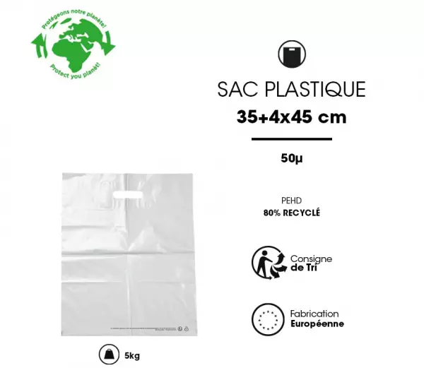 1000 Sacs PDS 35x45+4 PCR80% PEBD 50� BLANC