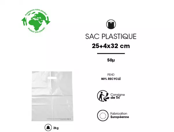 1000 Sacs PDS Blanc 25x32+4 PCR80% PEBD 50�