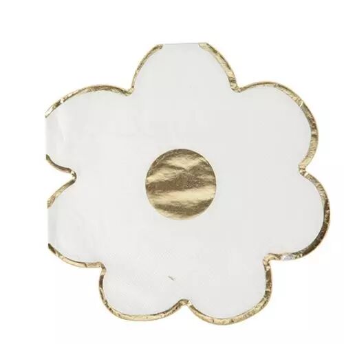 16 Serviettes Marguerites Papier Blanc et Or 33x33cm - 3 Plis
