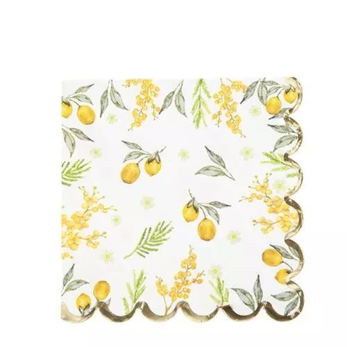 16 Serviettes Mimosa Citrons, Feuillages et Or Papier 33x33cm - 3 Plis