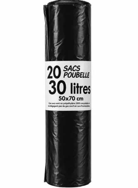 20 SACS POUBELLES NOIRS STANDARDS 30L  50X70 - 30� 