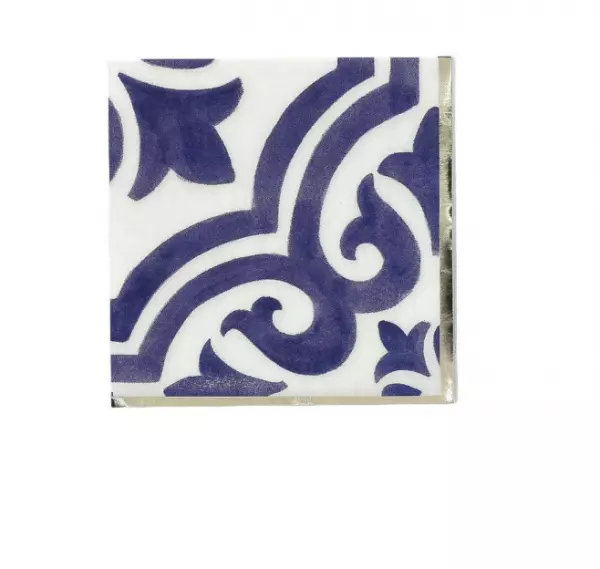 20 Serviettes Cocktail Dolce Vita Papier Bleu Roi, Blanc et Or 24x24cm - 3 Plis
