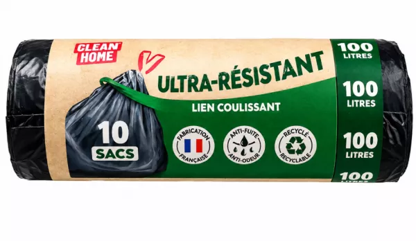 200 SACS POUBELLES NOIRS 100L POIGNEE COULISSANTE 28�