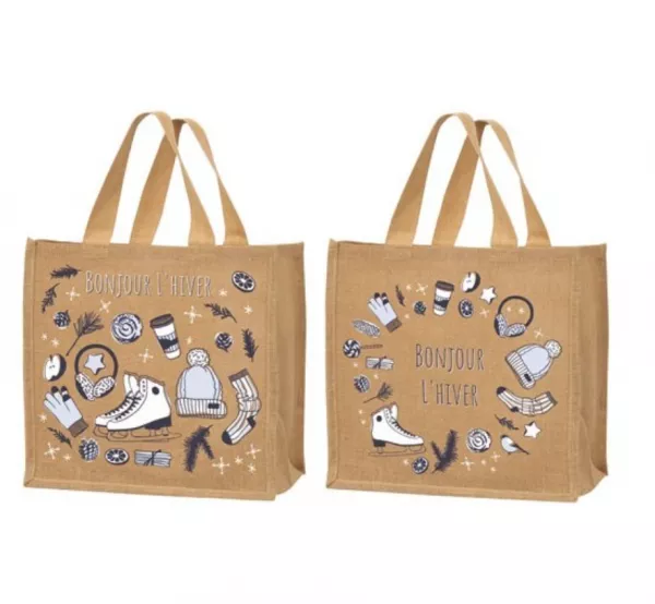 25 CABAS JUTE NO�L 37+23X36CM BONJOUR HIVER