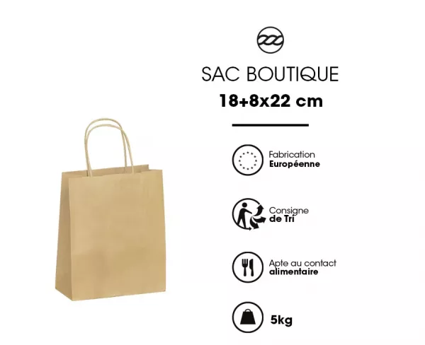 25 MINI SACS KRAFT BRUN POIGNEES TORSADEES 18+8X22CM