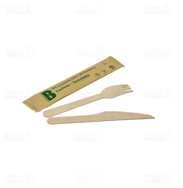 250 Kits Couverts Bois Couteaux Fourchette Serviette 16cm