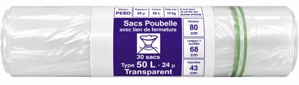 30 SACS POUBELLE PEBD 24� TRANSP 50L - 68X80