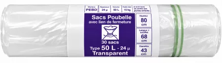 30 SACS POUBELLE PEBD 24&micro; TRANSP 50L - 68X80