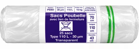 300 SACS POUBELLES TRANSPARENT 110L 70X110 - 30&micro;  