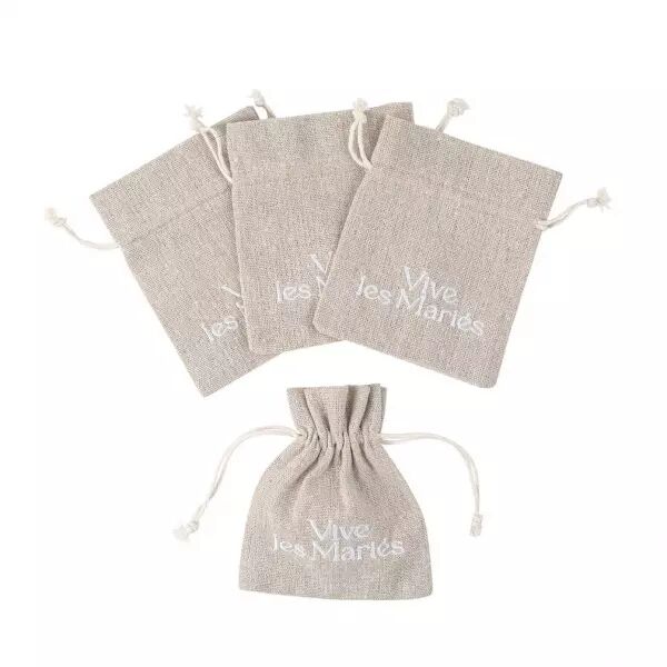 4 Pochons \ Vive Les Mari�s\  Effet Lin et Broderie Blanc 9,5x11,5cm