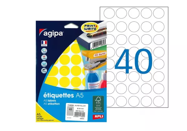 400 ETIQUETTES AGIPA A5 DIAMETRE 24 JAUNE