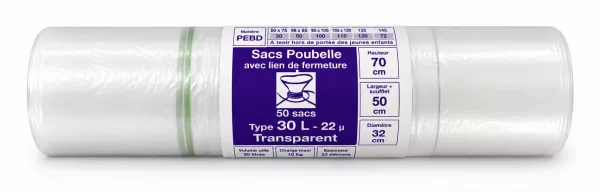 50 SACS POUBELLE PEBD 22� TRANSP 30L - 50X70