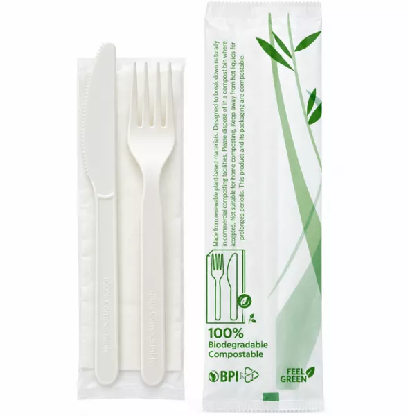 500 KITS COUVERTS BIODEGRADABLE COMPOSTABLE FOURCHETTE/COUTEAU/SERVIETTE 