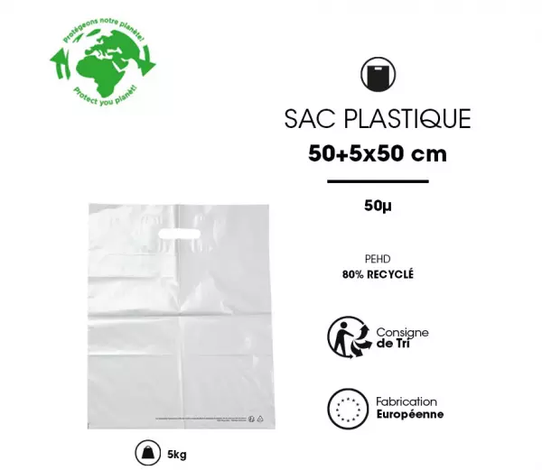 500 Sacs PDR Blanc 50x50+5 PCR80% PEBD 50�