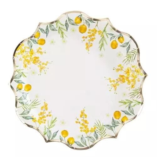 8 Assiettes Mimosa Citrons Carton Feuillages et Or 23cm