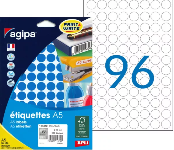 960 ETIQUETTES AGIPA A5 DIAMETRE 15 BLEU