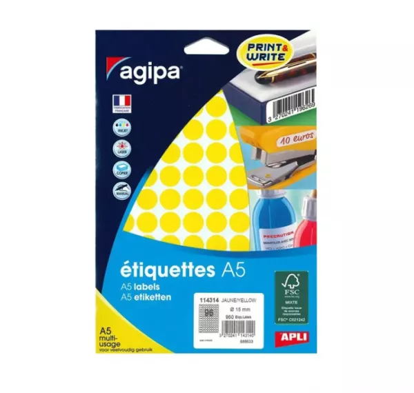 960 ETIQUETTES AGIPA A5 DIAMETRE 15 JAUNE