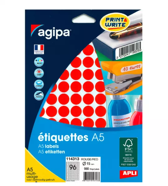960 ETIQUETTES AGIPA A5 DIAMETRE 15 Rouge