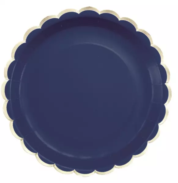 ASSIETTES FESTONNEES 23CM BLEU MARINE ET OR X8