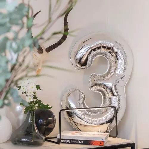 Ballon Mylar Chiffre \ 3\  Argent 86cm + Paille Incluse 