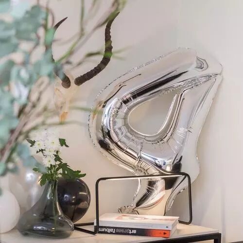 Ballon Mylar Chiffre \ 4\  Argent 86cm + Paille Incluse