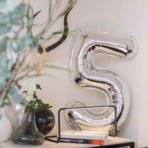 Ballon Mylar Chiffre \ 5\  Argent 86cm + Paille Incluse