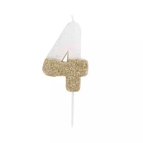 BOUGIE CHIFFRE 4 BLANCHE PAILLETTES OR 7CM SUR PIC