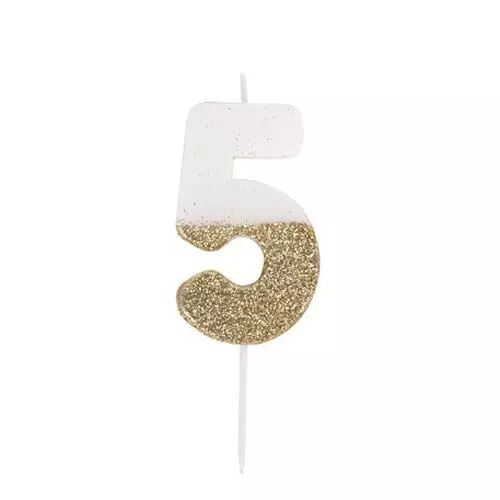 BOUGIE CHIFFRE 5 BLANCHE PAILLETTES OR 7CM SUR PIC
