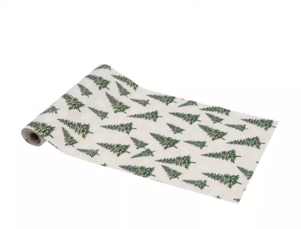 CHEMIN DE TABLE EFFET JUTE SAPINS ENNEIGES ET FLOCONS
