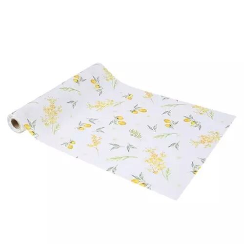 Chemin de Table Mimosa Tissu Blanc Citrons et Feuillages 28cmx5m