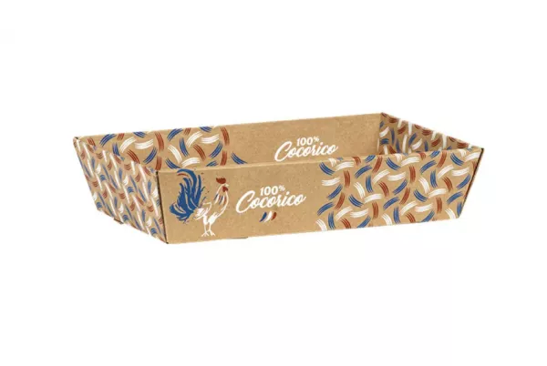 Corbeille 20,8x20,5x5,5 carton kraft rectangle 100% COCORICO bleu/blanc/rouge livr�e � plat 