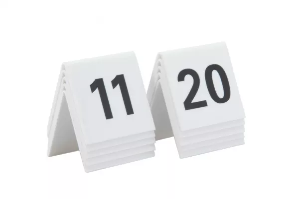 LOT DE 10 NUMEROS DE TABLE 11-20 ACRYLIQUE BLANC ET CHIFFRES NOIRS 