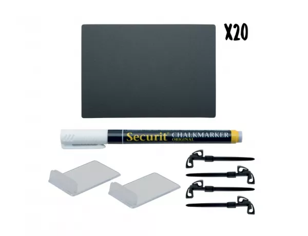 LOT DE 20 ARDOISE TAGS A7 EFFACABLE+FEUTRE CRAIE+ACCESSOIRES