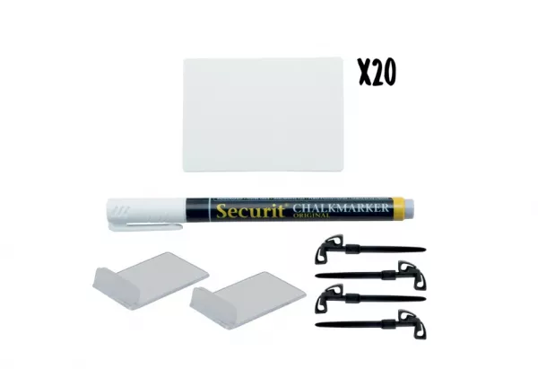 LOT DE 20 ARDOISE TAGS A8 EFFACABLE+FEUTRE CRAIE+ACCESSOIRES
