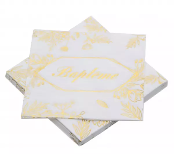 PAQUET DE 20 SERVIETTES 33CM X 33CM 3 PLIS BAPTEME OR METAL