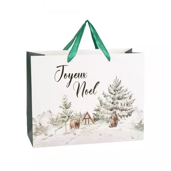 Sac Cadeau \ Joyeux No�l\  Let it Snow Poign�e Satin  Carton Blanc, Vert et Or 26x33x13,5cm