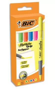 SURLIGNEUR BIC HIGHLIGHTER GRIP CAOUTCHOUC POINTE MOYENNE BISEAUTEE POCHETTE 5 UNITES JAUNE BLEU VER