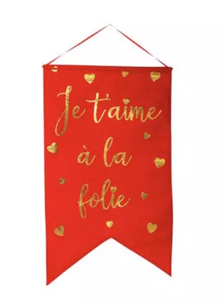 Suspension G�ante \ Je t\'aime � la folie\  Effet Lin Rouge et C�urs Or 51,5x87cm