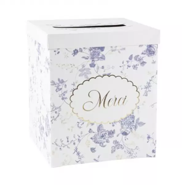 Urne \ Merci\  Toile de Jouy Carton Blanc, Bleu et Or 21x25cm