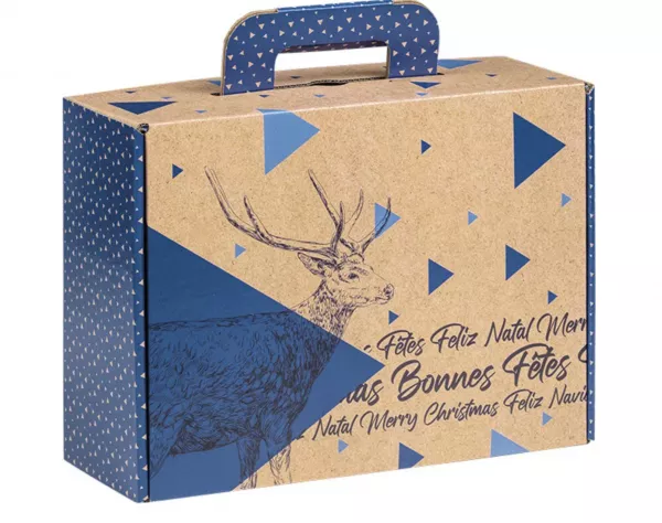 Valisette carton kraft rectangle BONNES FETES vintage/bleu