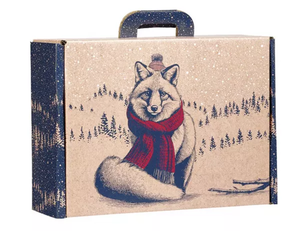 Valisette carton kraft rectangle RENCONTRES INSOLITES  renard/rouge/bleu/blanc  34,2x25x11,5 cm