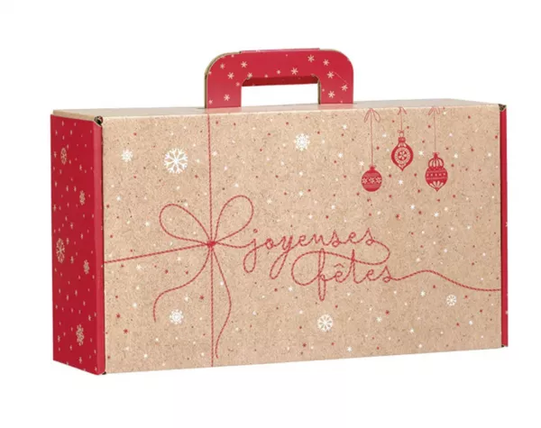 Valisette carton kraft rectangle SURPRISES D\'HIVER rouge/blanc 33x18.5x9.5cm