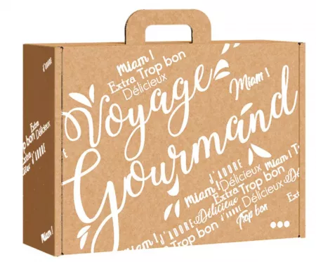Valisette carton kraft rectangle Voyage Gourmand blanc 54X36X12.5 cm